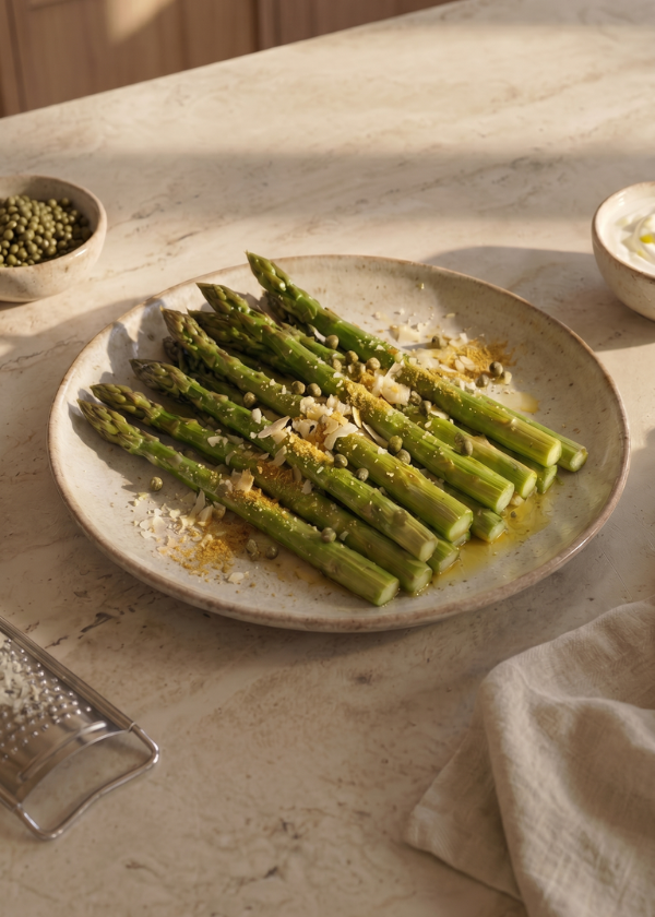 asparagi in padella con ghee e parmigiano impiattati in un piatto di ceramica che poggia su un top di una cucina in travertino