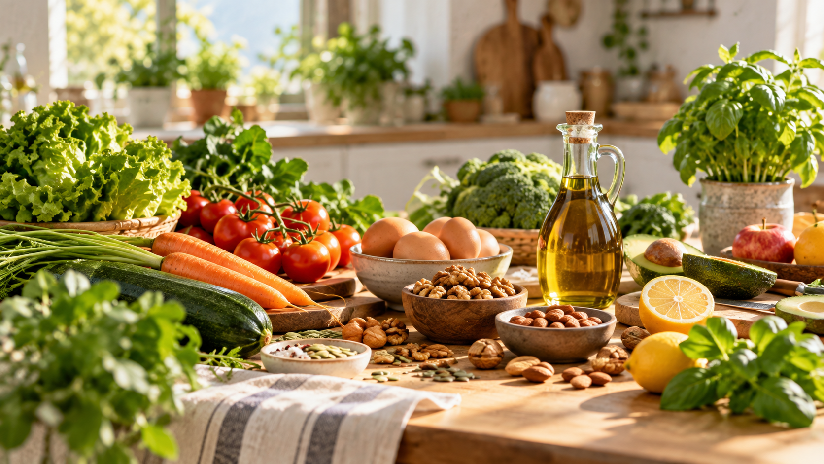 Verdure di stagione, uova, frutta a guscio e olio extravergine su un tavolo da cucina.