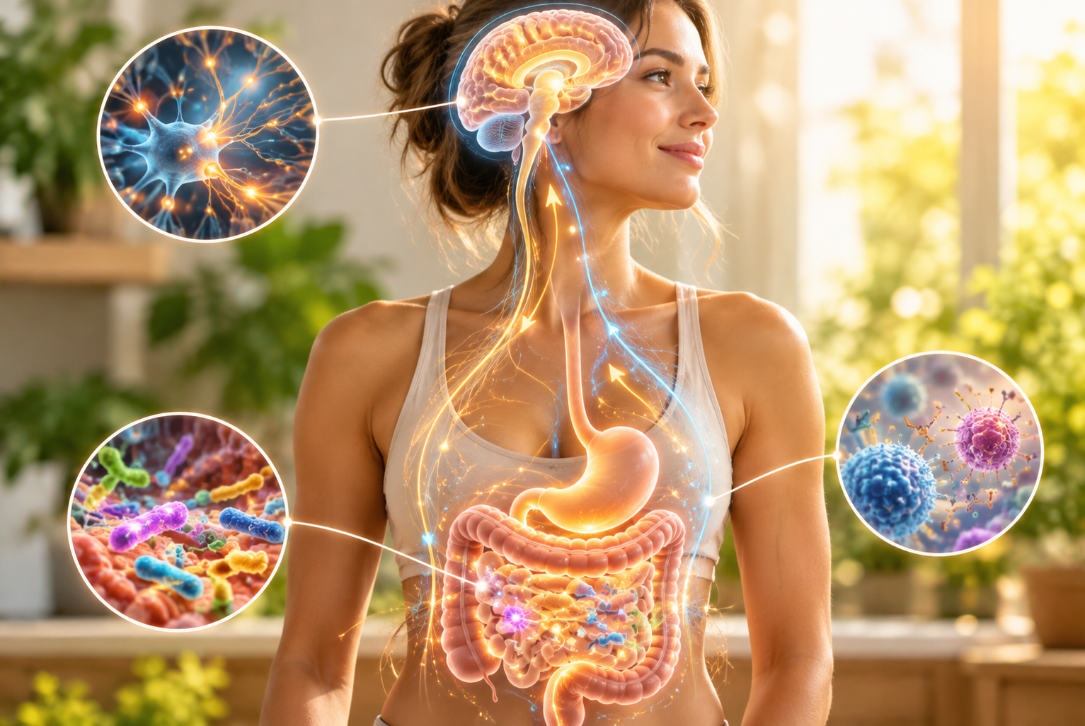 Illustrazione del cervello e dell'apparato digerente sovrapposti alla figura di una donna, collegati da vie di comunicazione.