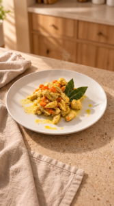 Bocconcini di pollo con carote, alloro e Ghee VEROGHÌ, cotti lentamente in padella con curcuma e serviti con un fondo di cottura dorato.