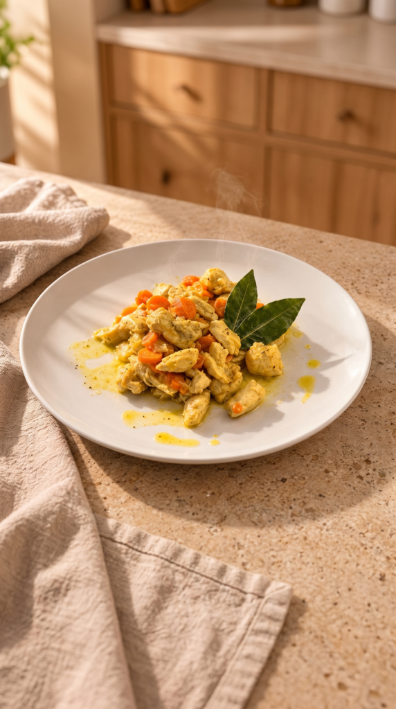 Bocconcini di pollo con carote, alloro e Ghee VEROGHÌ, cotti lentamente in padella con curcuma e serviti con un fondo di cottura dorato.