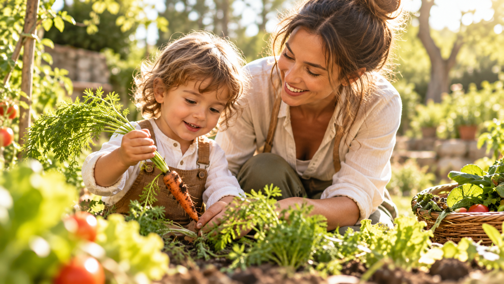 Una madre e il suo bambino raccolgono carote nell'orto alla luce del sole.